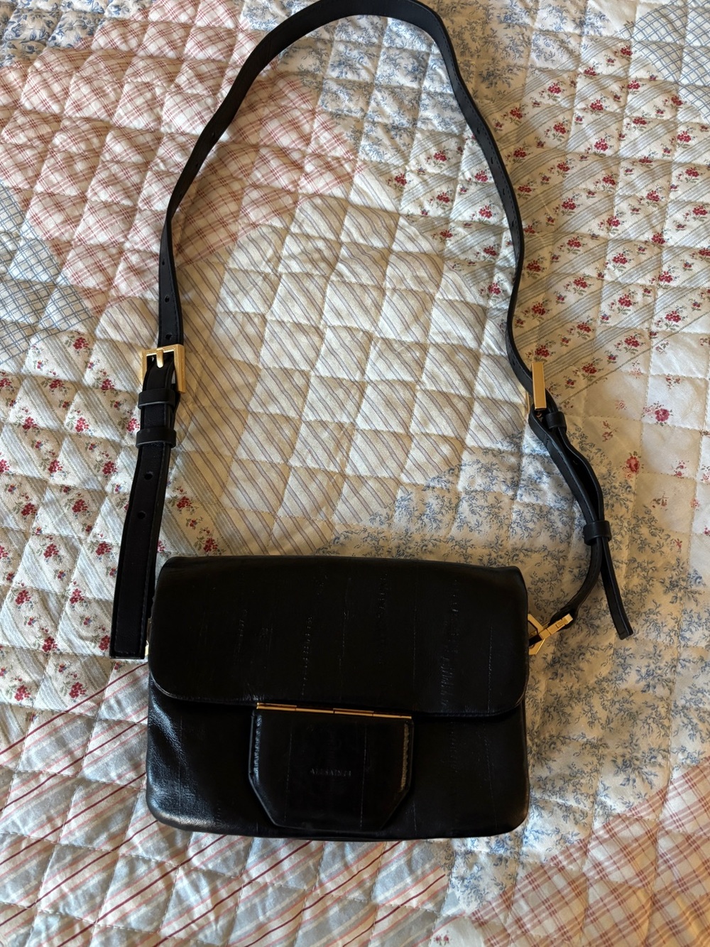 All saints Black Leather Crossbody Bag with Gold Hardware